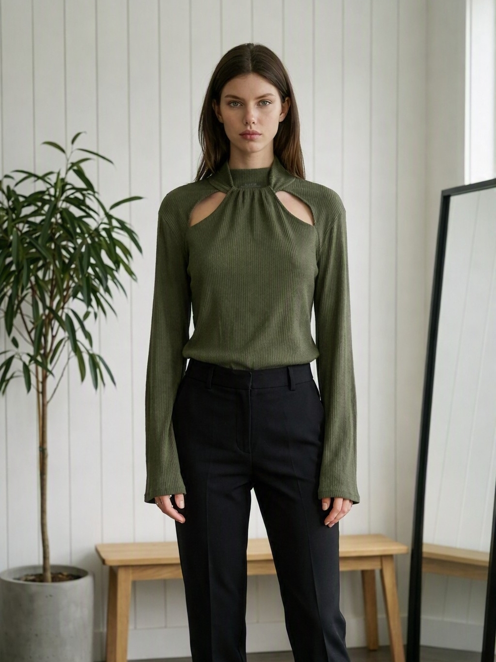 Damo Olive Green Ribbed Long-Sleeve Top with Shoulder Cutouts